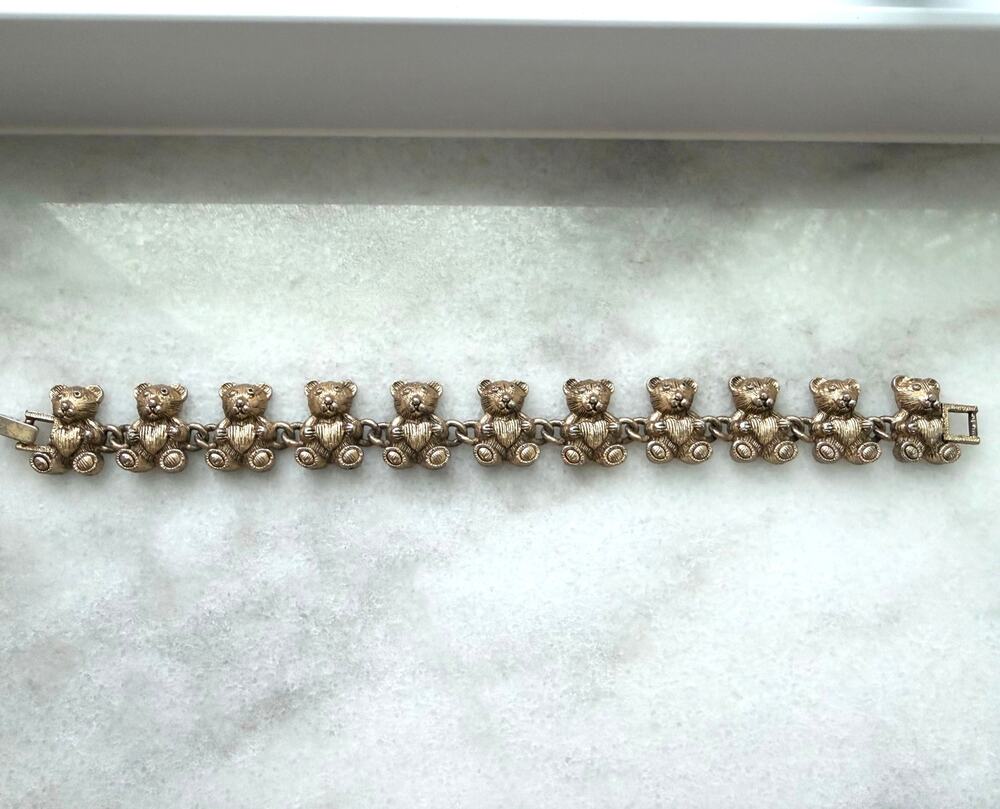 Vintage Gold Tone Teddy Bear Link Bracelet Textured Cute Animal Kitsch 7,5 "